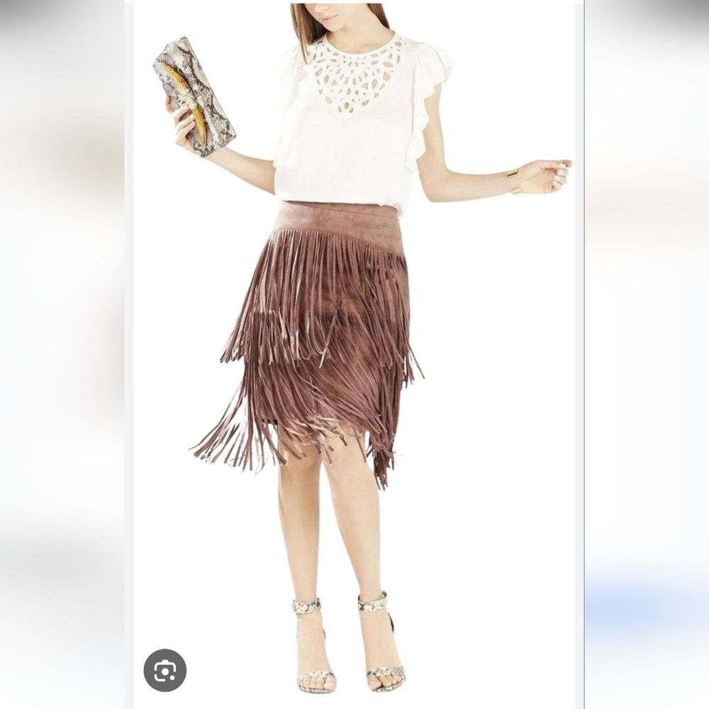 NWOT BCBGMaxAzria Brown Fringe Midi Skirt - Picture 3 of 5